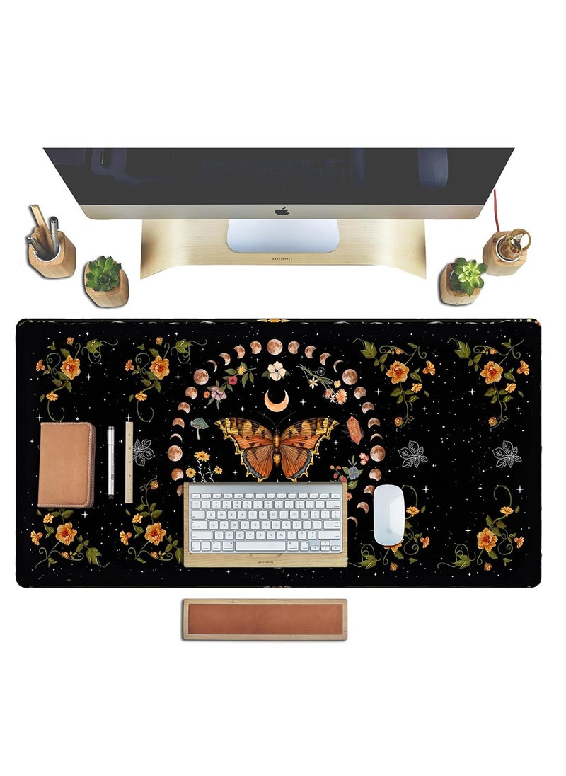 FANTECH - Large Gaming Mouse Pad Mushroom Phase Moon Phase Desk Mat, Boho Flowers and Leaves Computer Big Mouse Pad Washable Cloth Non-Slip Rubber Base Keyboard Pad Mouse Mat for Office with Stitched Edges  ( 70cm x 30cm x 2 mm ) - Image 1