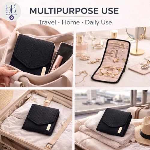 BLUE BEADS Small Size Foldable Jewelry Roll Carrying Portable Jewelry Organiser for Necklace, Earrings, Rings etc .Hanging Jewellery Storage Bag with Zipper Closure, For Women Girls (Black) - Image 4