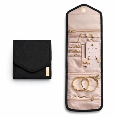 BLUE BEADS Small Size Foldable Jewelry Roll Carrying Portable Jewelry Organiser for Necklace, Earrings, Rings etc .Hanging Jewellery Storage Bag with Zipper Closure, For Women Girls (Black) - Image 1