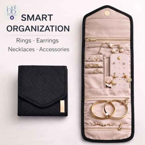 BLUE BEADS Small Size Foldable Jewelry Roll Carrying Portable Jewelry Organiser for Necklace, Earrings, Rings etc .Hanging Jewellery Storage Bag with Zipper Closure, For Women Girls (Black) - Image 2