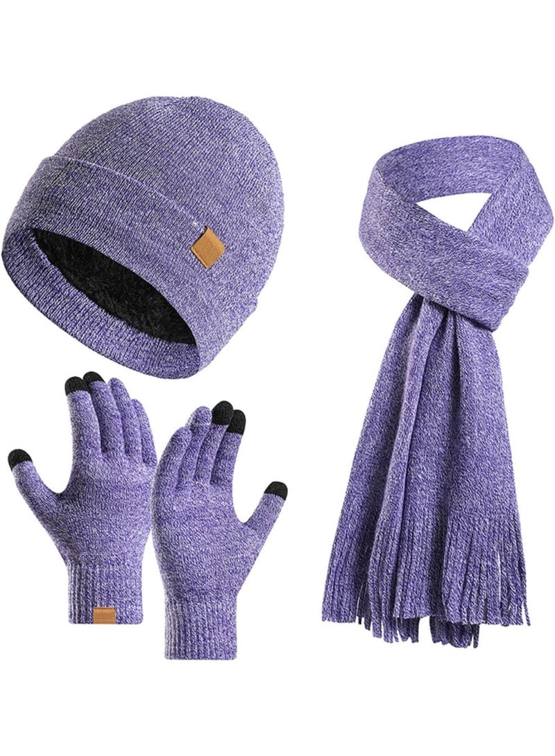 Zikra 3PCS Winter Warm Hat Scarf Gloves Set , Beanie Warm Cotton Scarves, Winter Beanie Hat Scarf Gloves Set For Women Men (Light Purple) - Image 1