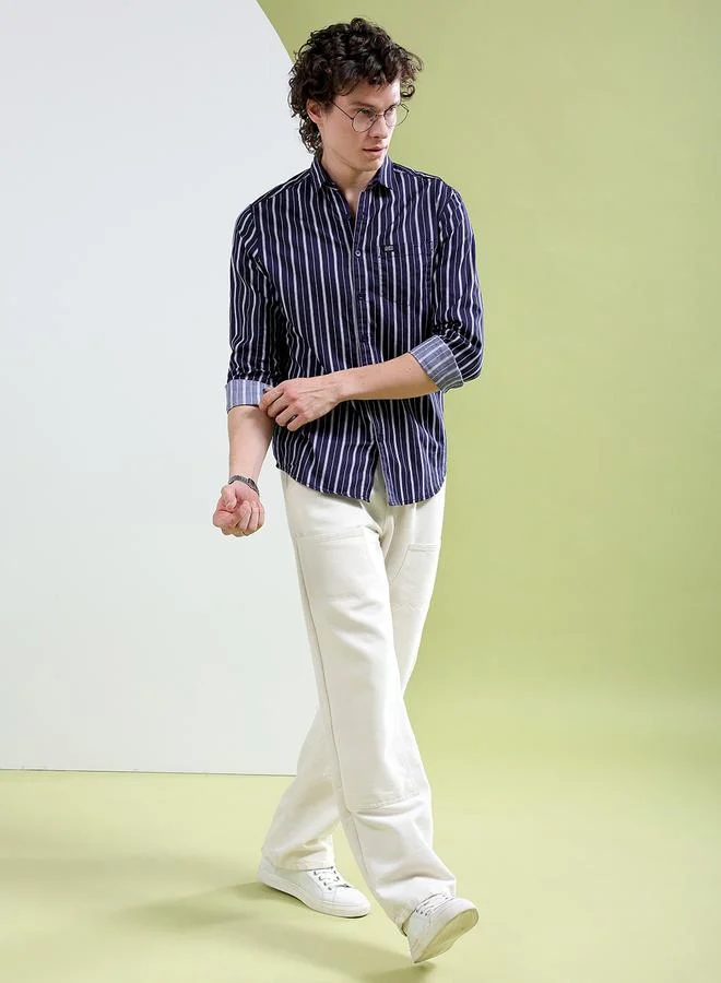The Indian Garage Co Men Navy Blue Striped Spread Collar Shirt