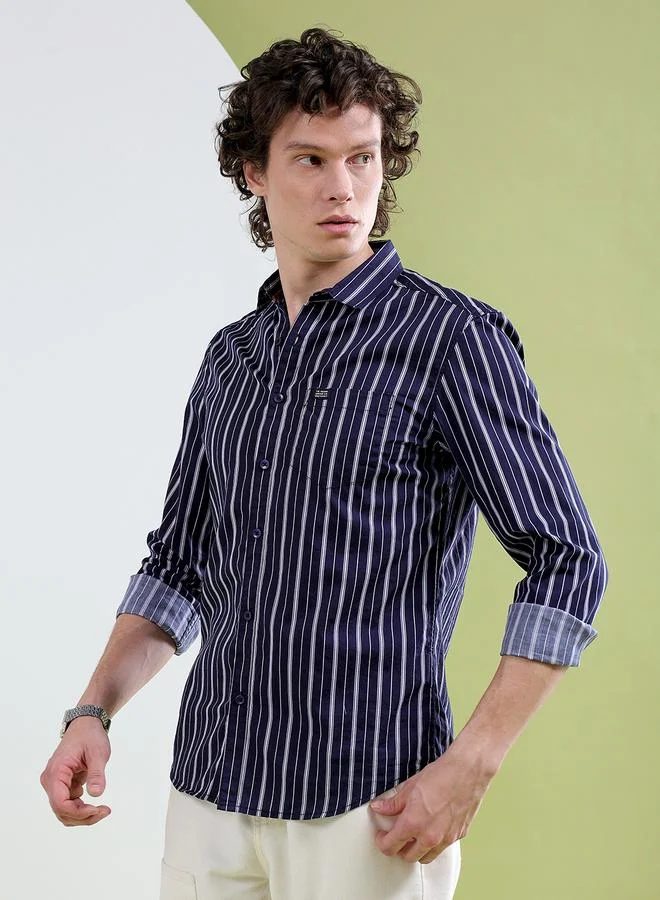 The Indian Garage Co Men Navy Blue Striped Spread Collar Shirt