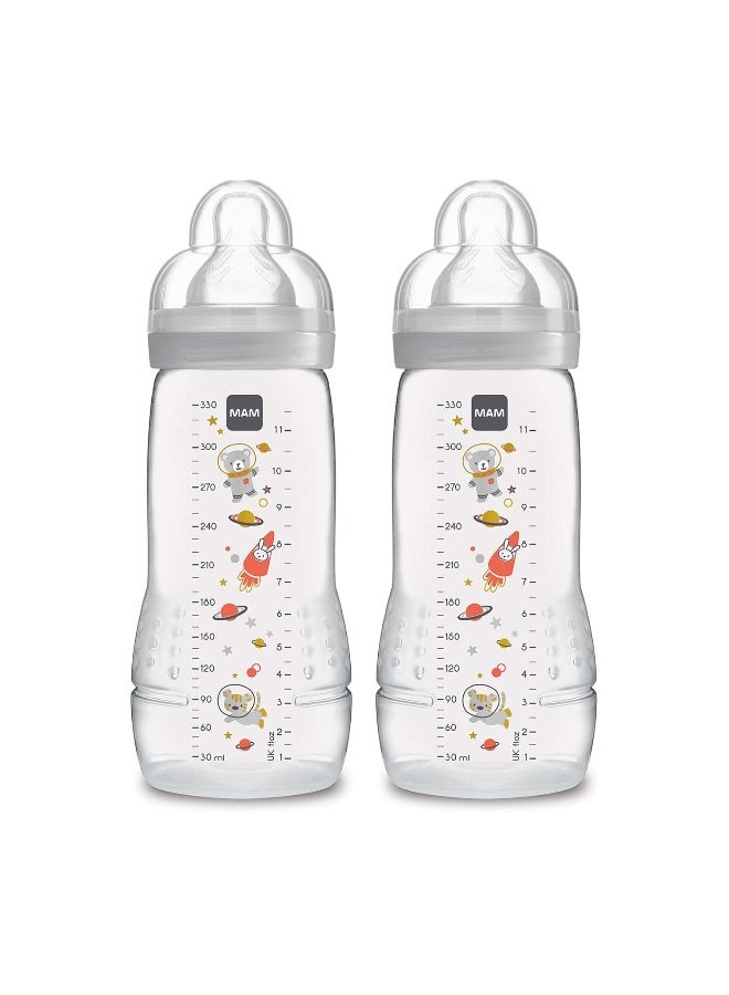 MAM زجاجات مAM سهلة ونشطة للأطفال 11 أونصة، حلمة سيليكون ناعمة بتدفق سريع مع تصميم مريح بعنق واسع، سهلة الحمل، خالية من BPA، زجاجات مع أغطية مانعة للتسرب للأطفال من عمر 4 أشهر فما فوق - Image 1