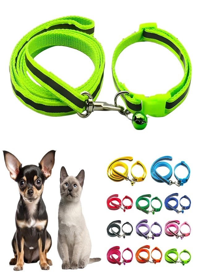 TELEYI Small Dog Collar and Leash Set with Bell,Green Reflective Nylon Cat Collar Girl Female Cute Fancy Puppy Collar with Bells for XXS XS Tiny Little Kitten Boys Pet Dogs,Neck 7-12 Inch - Image 1
