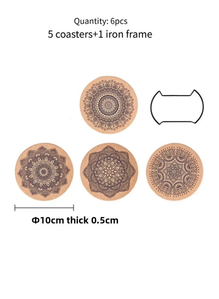 6-Piece Heat Resistant Set: Coasters & Pot Mats with Cork Base + Metal Holder | Wooden Insulation Mat for Table, Coffee, Tea - Image 1