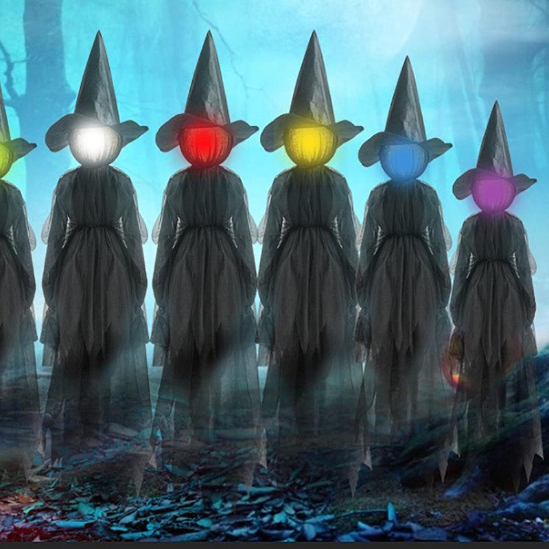 كلاراكو ديكورات ساحرة الهالوين الخارجية، 3 قطع من أوتاد ساحرة الهالوين المضيئة ممسكة بأيديها لساحة الهالوين المخيفة، الفناء، ديكورات المنزل المسكون في الخارج، ديكورات الهالوين - Image 1