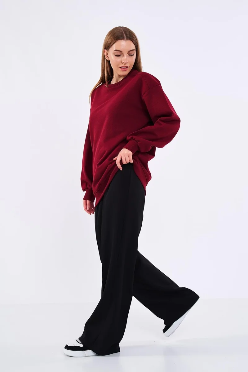 ميتاليك Claret Red Women's Cotton Oversize Basic Crew Neck Sweatshirt