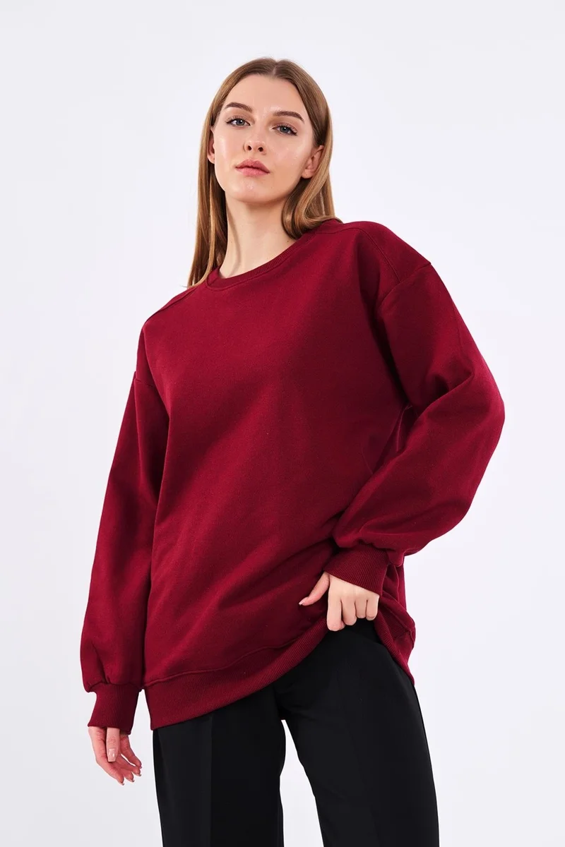 ميتاليك Claret Red Women's Cotton Oversize Basic Crew Neck Sweatshirt