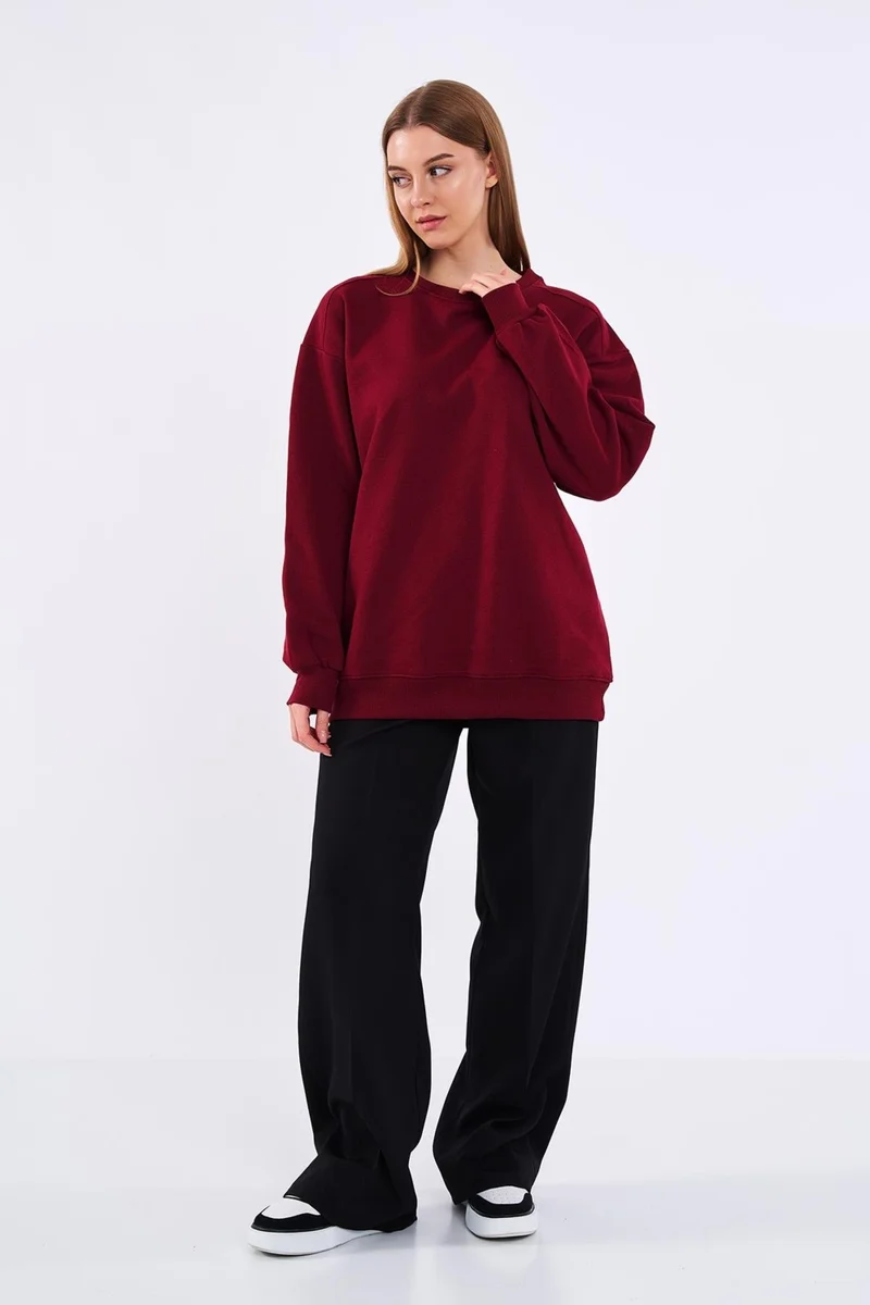 ميتاليك Claret Red Women's Cotton Oversize Basic Crew Neck Sweatshirt