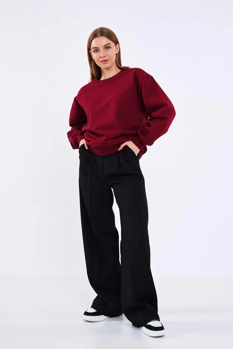ميتاليك Claret Red Women's Cotton Oversize Basic Crew Neck Sweatshirt