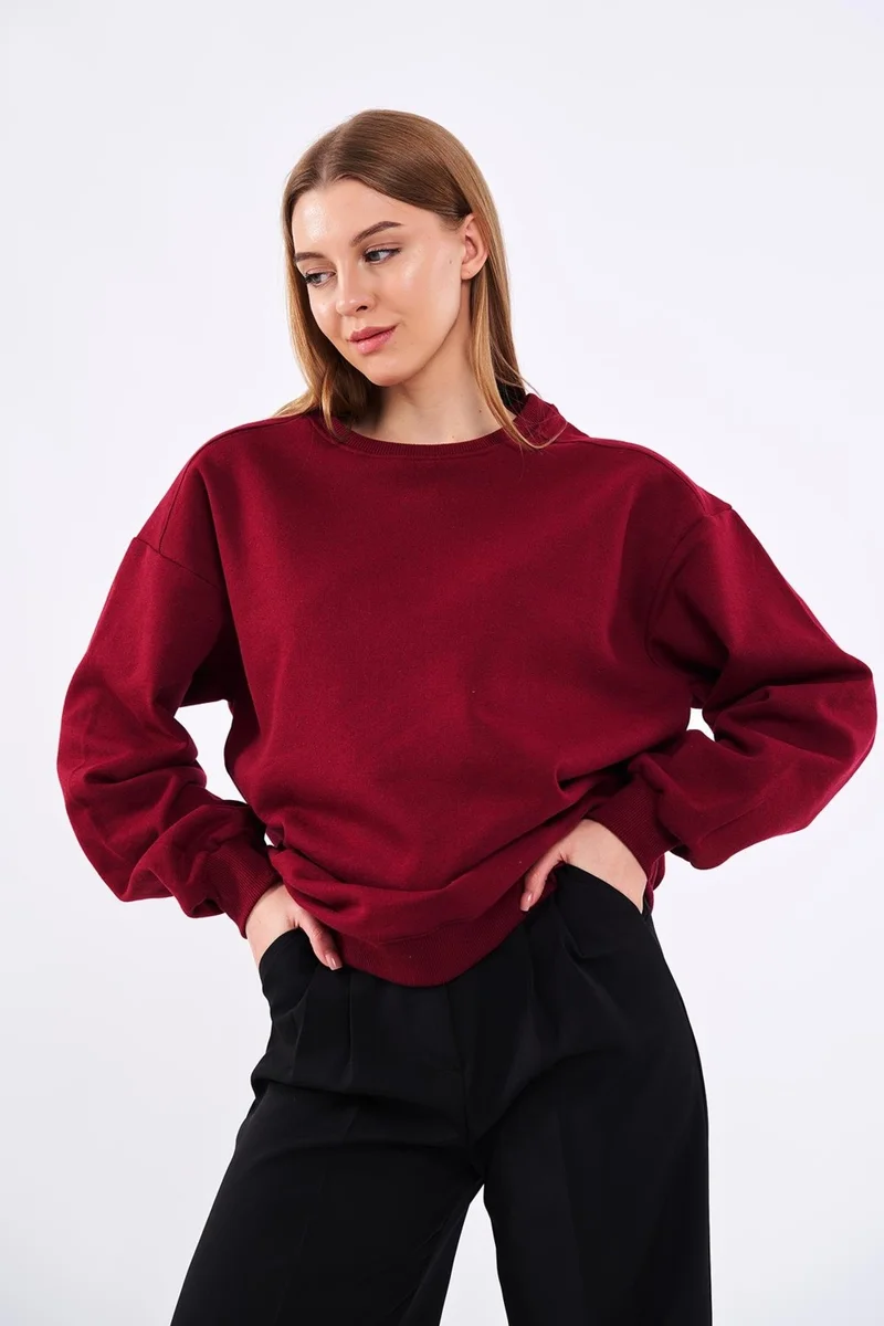 ميتاليك Claret Red Women's Cotton Oversize Basic Crew Neck Sweatshirt