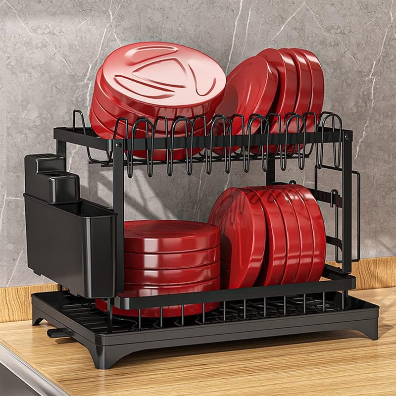 Moonmen Dish Drying Stand with Drainer, 2-Tier Large Kitchen Counter Dish Rack with Detachable Cutting Board Holder Utensil Holder and Cup Holder Baking Paint Process Coatings Dish Drainer (White) - Image 3