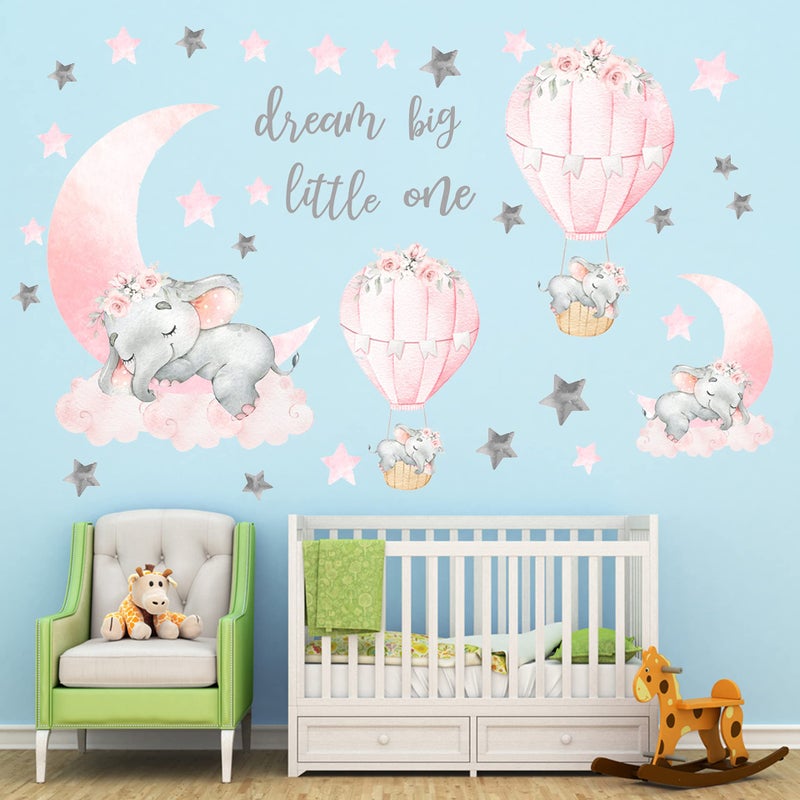 WEWINLE Dream Big Little One Elephant Wall Stickers, Pink Moon Hot Air Balloon Grey Stars Wall Decals for Nursery Kids Room Living Room Bedroom Decorations Home Decor - Image 4