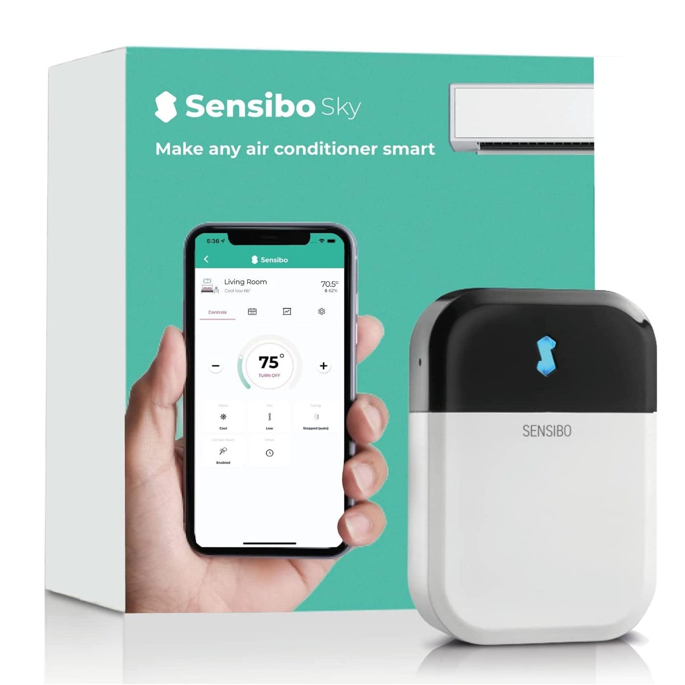 Sensibo Sky Smart Wireless Air Conditioner Controller Quick Easy DIY Installation Maintains Comfort with Energy Efficient Automatic Wifi Thermostat Control App Google Alexa and Siri Compatible