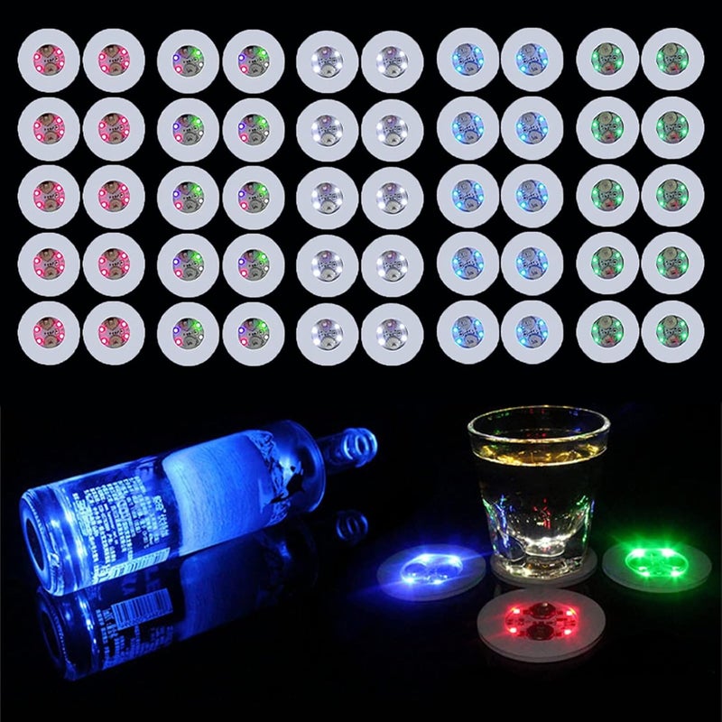 AUSTUFF LED Coaster, 50 Pcs Light Up Coasters for Drinks, 7 Colors RGB LED Liquor Bottle Lights Stickers Coasters, Flash Light Up Bar Coaster for Club, Bar, Party, Wedding Decor(Multicolor) - Image 1