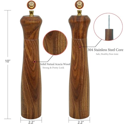 UNIOVC Wooden Salt and Pepper Grinder Set,Manual Salt and Pepper Mill,Acacia wood Salt Grinder Refillable,Pepper Mill with Adjustable Coarseness,Salt and Pepper Shakers Tableware Gifts 10" 2PCS - Image 2