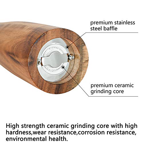UNIOVC Wooden Salt and Pepper Grinder Set,Manual Salt and Pepper Mill,Acacia wood Salt Grinder Refillable,Pepper Mill with Adjustable Coarseness,Salt and Pepper Shakers Tableware Gifts 10" 2PCS - Image 4