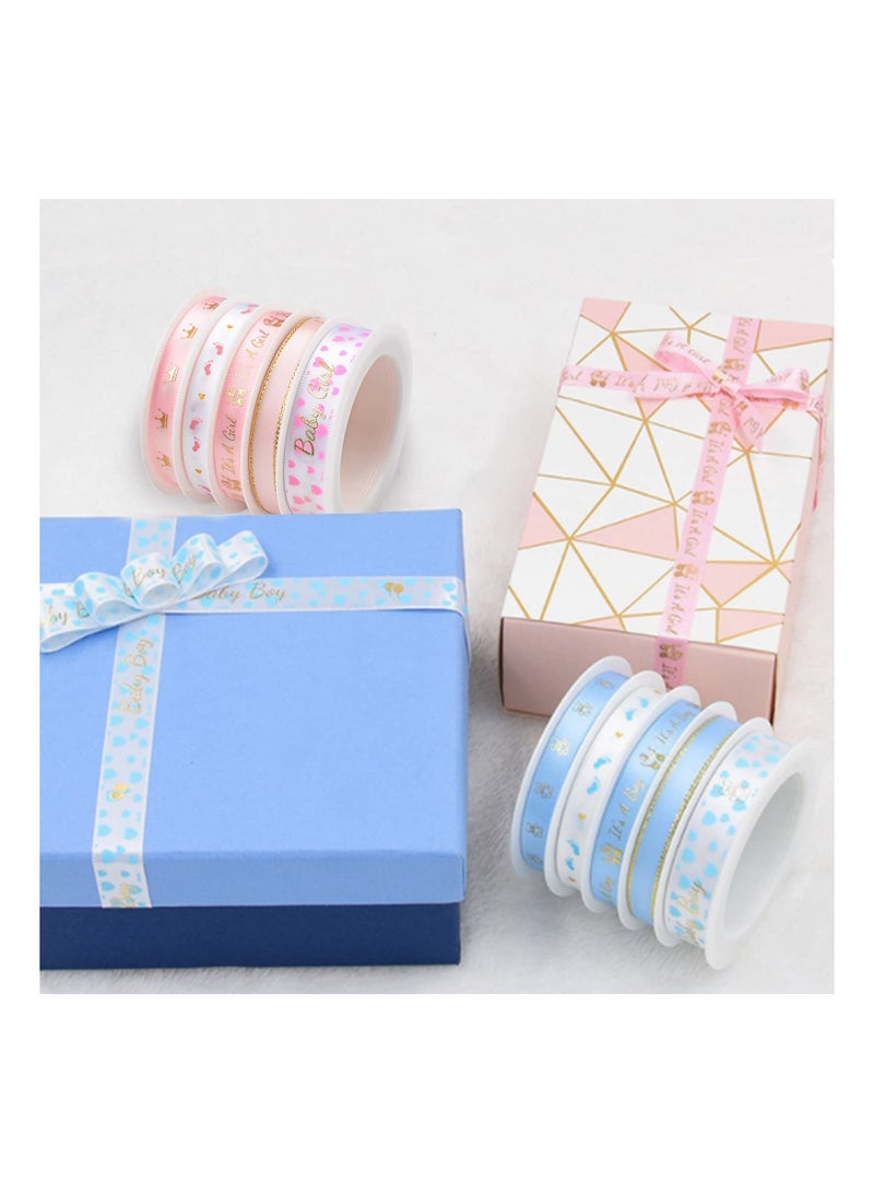 Zikra Baby Shower Ribbon, 5 Rolls Blue Baby Feet Bear Bronzing Stain Ribbons, Polyester Fabric Ribbons, for Baby Birthday Christening Party, Favor Gift Wrapping Sewing Party Wedding - Image 2