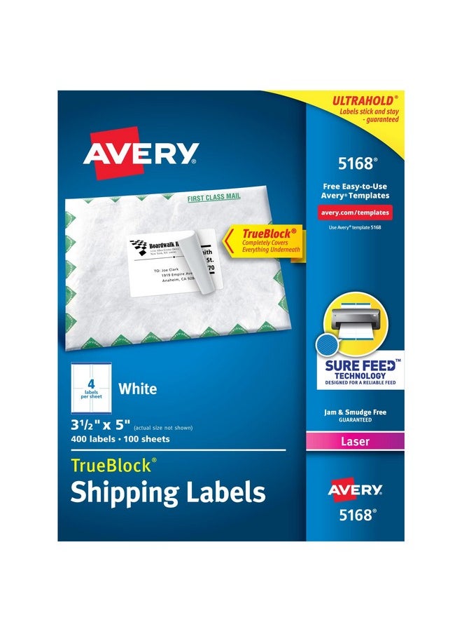 افيري ملصقات شحن قابلة للطباعة من Avery بتقنية Sure Feed، مقاس 3-1/2 بوصة × 5 بوصة، بيضاء، 400 ملصق بريد فارغ لطابعات الليزر (5168)  - Image 1