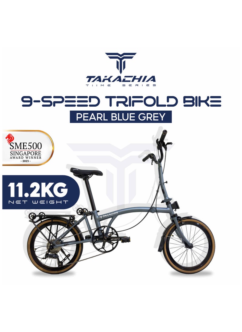 TAKACHIA TAKACHIA Tiime Series Chromoly Steel 16 Inch Lightweight Compact Trifold Folding Bike - Foldable Bicycle For Men & Ladies & Kids (Pearl Blue Grey)  - Image 1