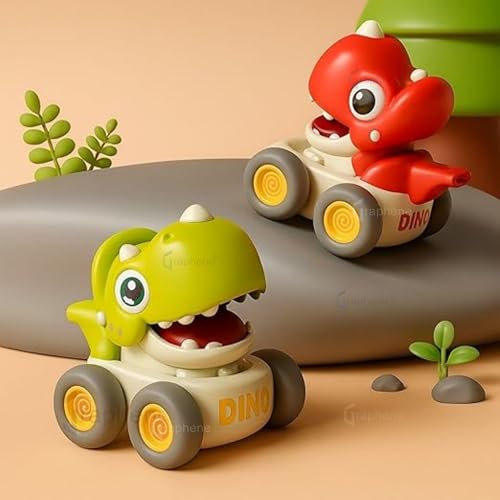 GRAPHENE Baby Dinosaur Mini Racing Whistle Car Vehicle Push & Go Dino Friction for Early Learning & Motor Skill Development Fun for 2+ Years Old Kids Cars for Toddlers (Pack of 2) Multicolour - Image 1