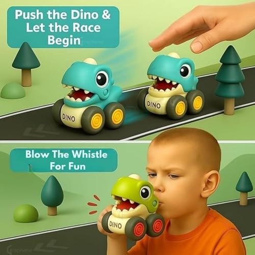 GRAPHENE Baby Dinosaur Mini Racing Whistle Car Vehicle Push & Go Dino Friction for Early Learning & Motor Skill Development Fun for 2+ Years Old Kids Cars for Toddlers (Pack of 2) Multicolour - Image 3