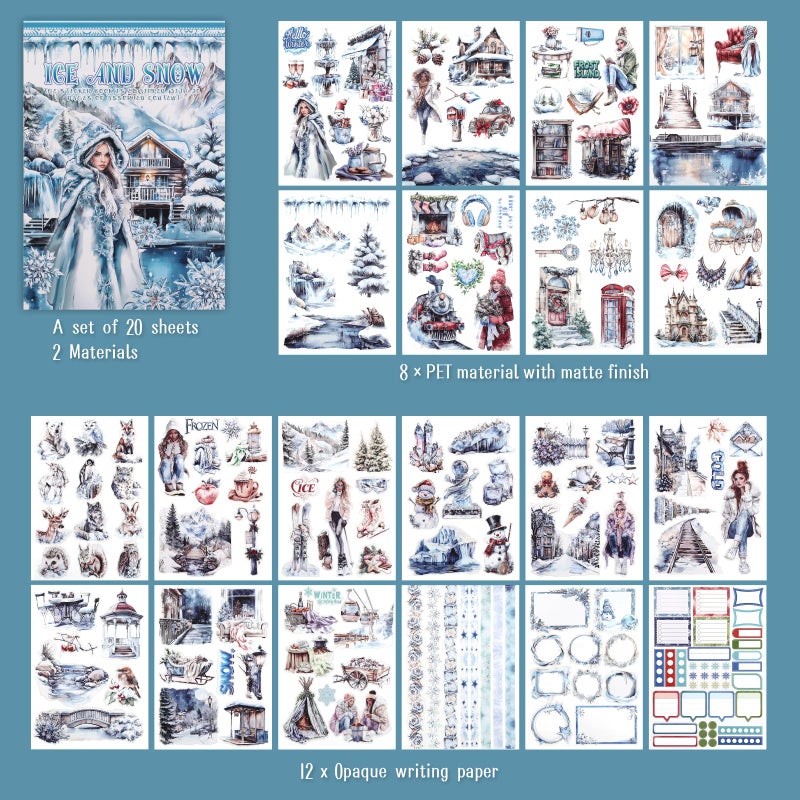 Dizdkizd Precut Winter Aesthetic Scrapbook Sticker Book, 20 Sheets People Landscape Animal Snowflake Journaling Supplies for Adults Card Making Collage (Blue) - Image 2