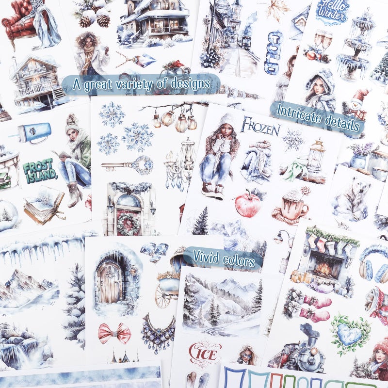 Dizdkizd Precut Winter Aesthetic Scrapbook Sticker Book, 20 Sheets People Landscape Animal Snowflake Journaling Supplies for Adults Card Making Collage (Blue) - Image 3