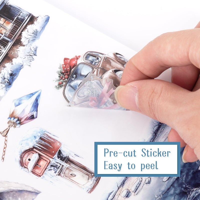 Dizdkizd Precut Winter Aesthetic Scrapbook Sticker Book, 20 Sheets People Landscape Animal Snowflake Journaling Supplies for Adults Card Making Collage (Blue) - Image 4