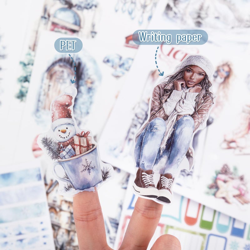 Dizdkizd Precut Winter Aesthetic Scrapbook Sticker Book, 20 Sheets People Landscape Animal Snowflake Journaling Supplies for Adults Card Making Collage (Blue) - Image 5