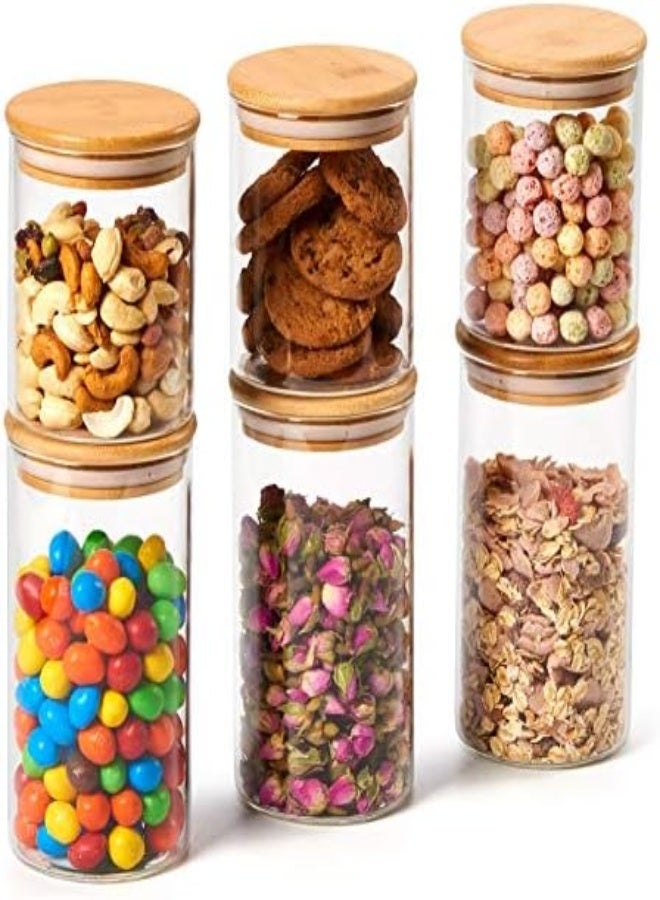 AKDC Ezoware 6 Piece Glass Jars Air Tight Canister Kitchen Food Storage Container Set With Natural Bamboo Lids For Candy, Cookie, Rice, Sugar, Flour, Pasta, Nuts - 15.2 Oz / 24 Oz - Image 1