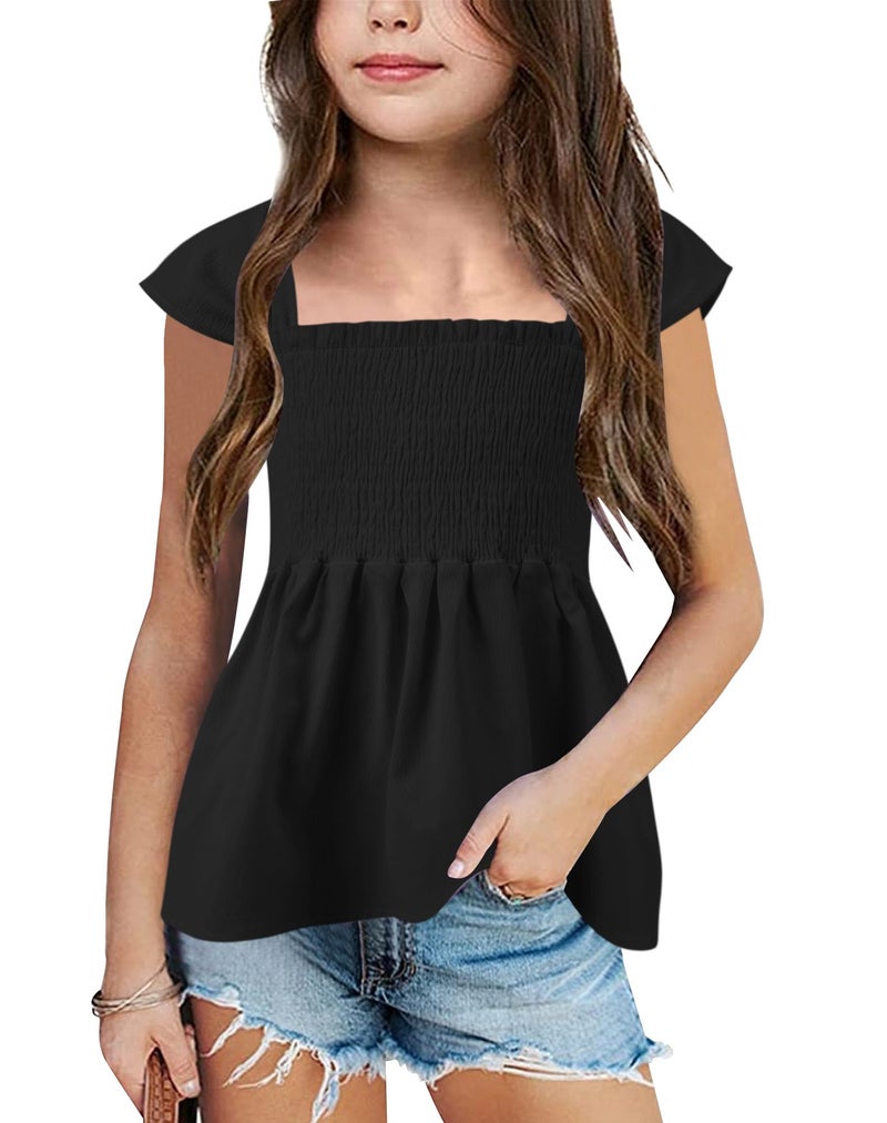 Bingerlily Girls Summer Casual Tops Square Neck T Shirts Cute Smocked Top Tees Black - Image 1