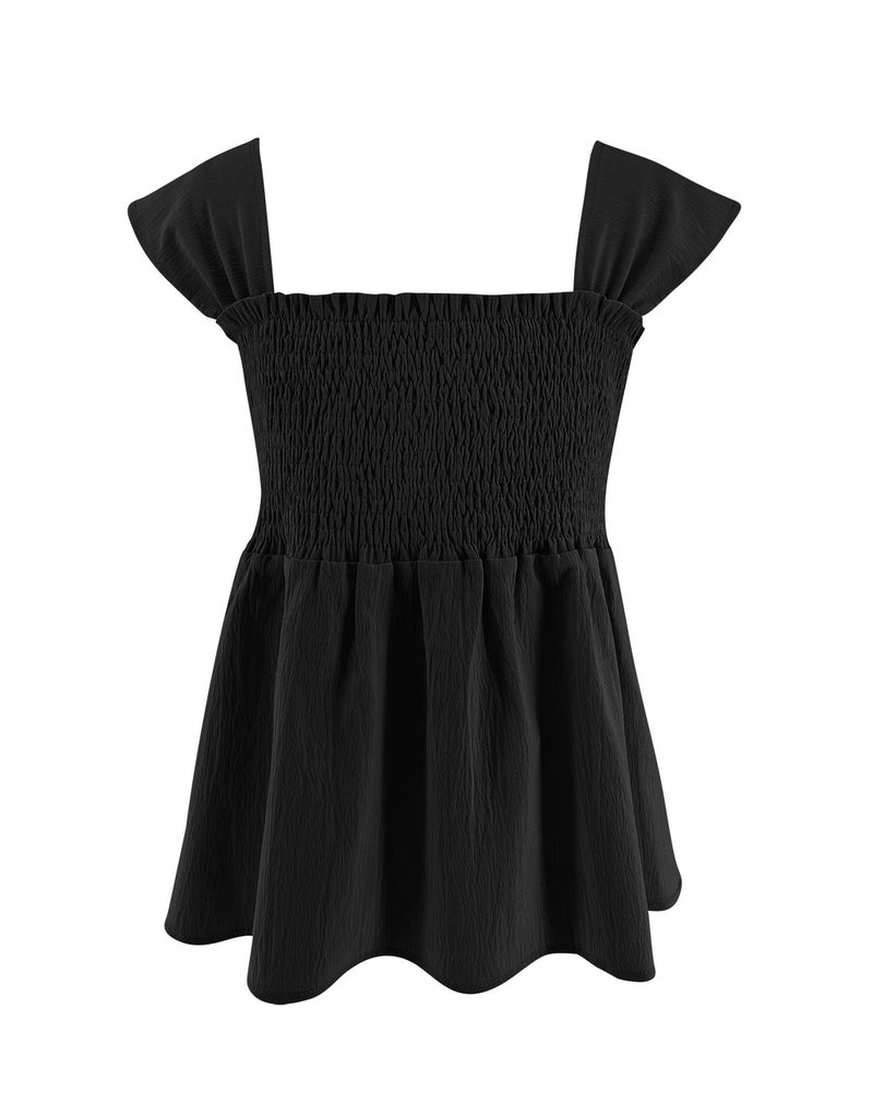 Bingerlily Girls Summer Casual Tops Square Neck T Shirts Cute Smocked Top Tees Black - Image 2