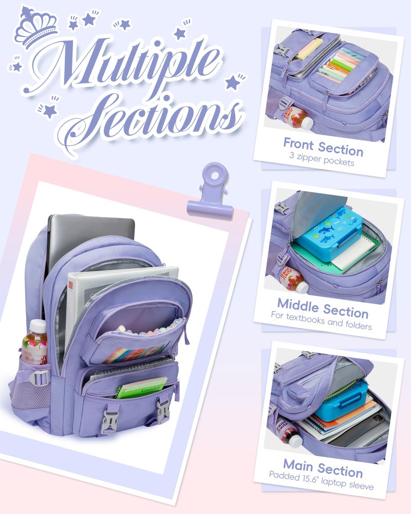 FOKDUVB Kids School Backpack for Girls Ages 6-8 8-10 10-12 12-14 Elementary Middle School Book Bags with Laptop Compartment for Teens Teenagers Girls Mochilas Escolares para NiÃ±as (Purple, Solid) - Image 2