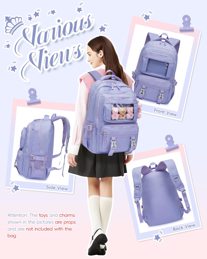 FOKDUVB Kids School Backpack for Girls Ages 6-8 8-10 10-12 12-14 Elementary Middle School Book Bags with Laptop Compartment for Teens Teenagers Girls Mochilas Escolares para NiÃ±as (Purple, Solid) - Image 3