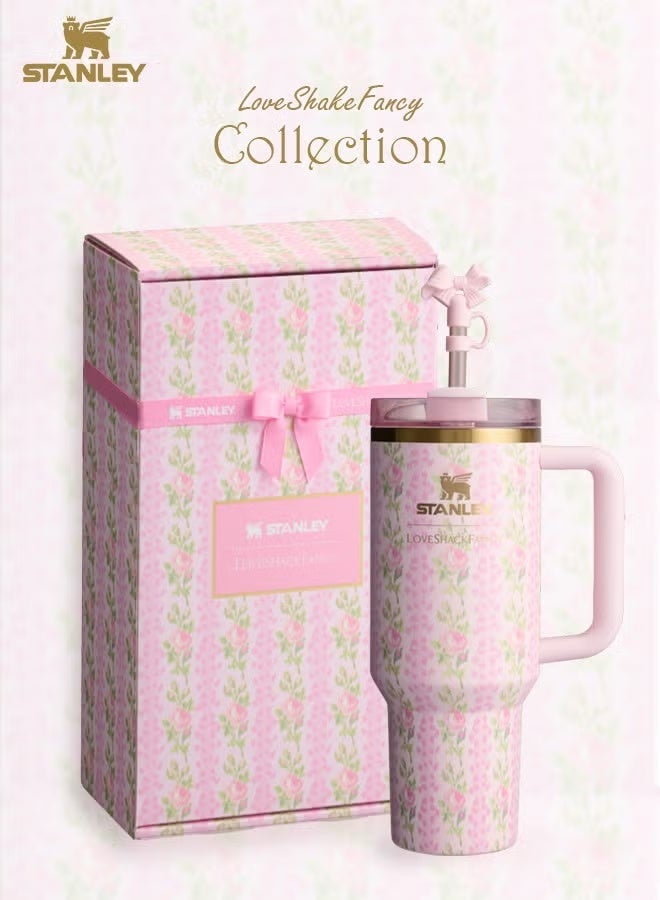 Stanley Love Shack Fancy H2.0 Flow State 40oz Pink Tumbler, Stainless Steel Vacuum Insulated Quencher with Lid, Straw, and Stopper, Ideal for Water and Iced Tea, Keeps Drinks Cold, Presented in Elegant Gift-Ready Packaging - Image 1