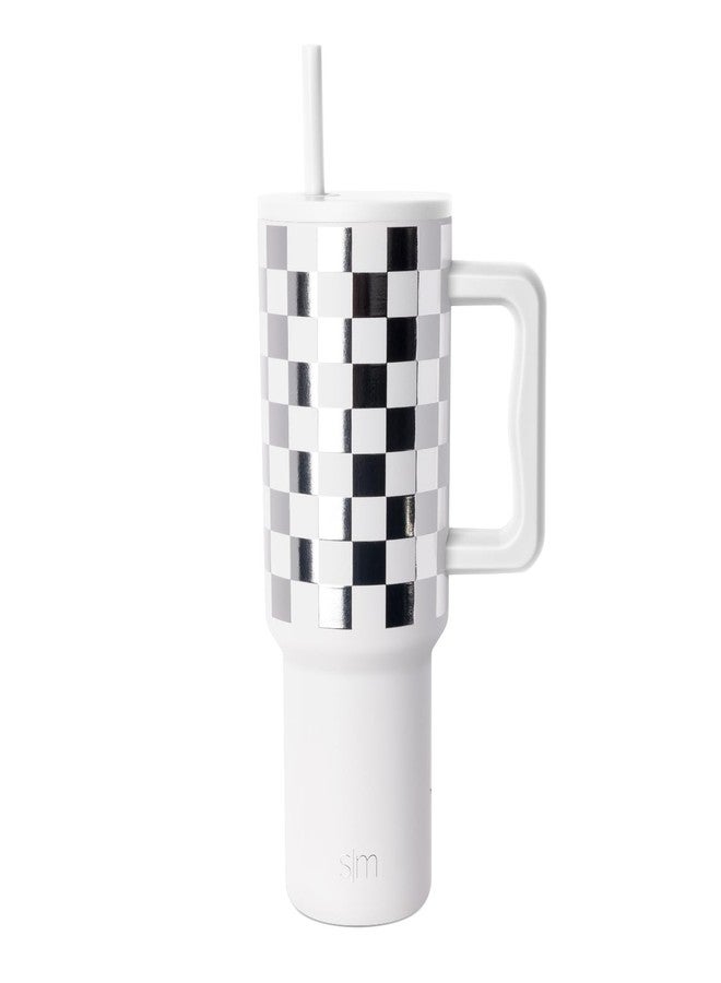 Simple Modern 40 oz Tumbler with Handle and Straw Lid | Insulated Cup Reusable Stainless Steel Travel Water Bottle Cupholder Use | Gifts for Women Him Her | Trek Collection | Silver Bell Checkmate - Image 1
