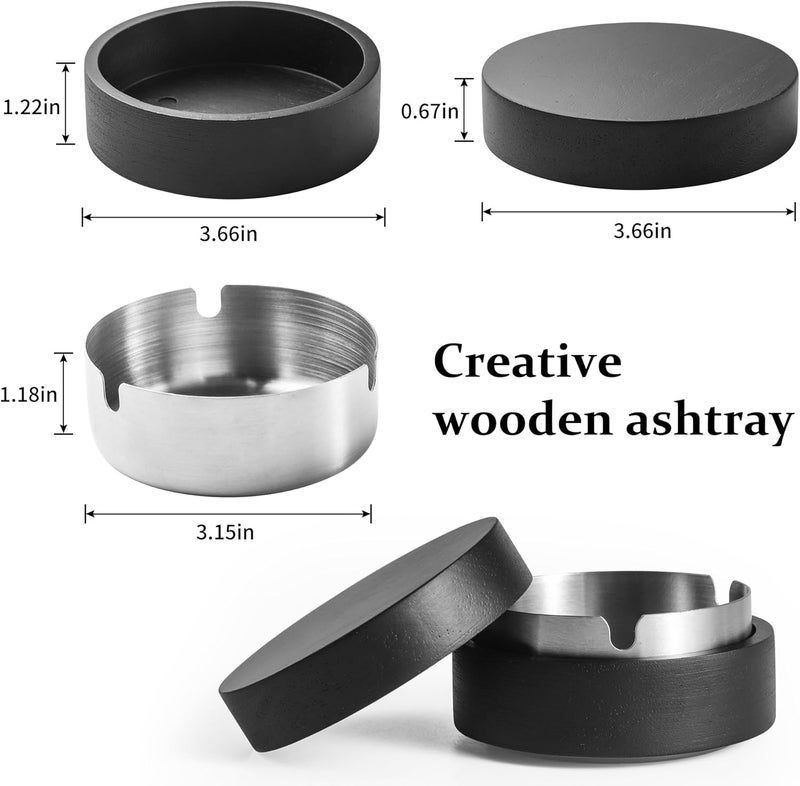 DDAJJAJ Cute Ashtrays for Cigarettes Ash Tray with Lid Wooden Ashtray with Stainless Steel Portable Decorative Ashtray Windproof Ashtray for Home,Patio,Office,Outdoors,Indoor,Parties (Black) - Image 3