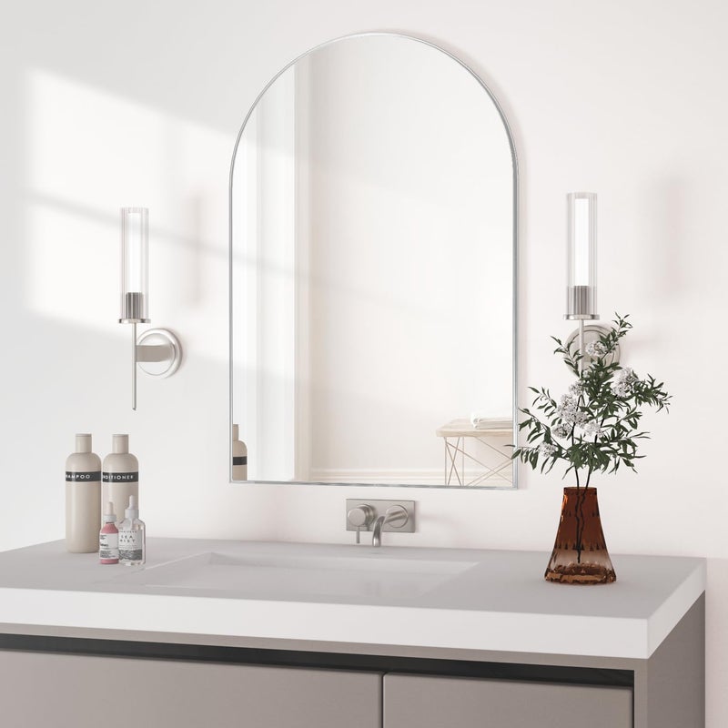 NEUWEABY Wall Mounted Mirror, Arched Wall Mirror for Bathroom, 24"x36" Arch Bathroom Mirror with Metal Frame, Silver Vanity Mirror Decor for Mantle, Bedroom, Entryway, Living Room - Image 2