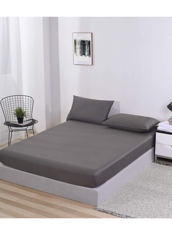 PHF Fitted Sheet 300 Thread Count Satin 100% Cotton Natural Soft Durable Breathable Warm for Winter Double Size, 54 x 75 x 15 Inches Grey - Image 2