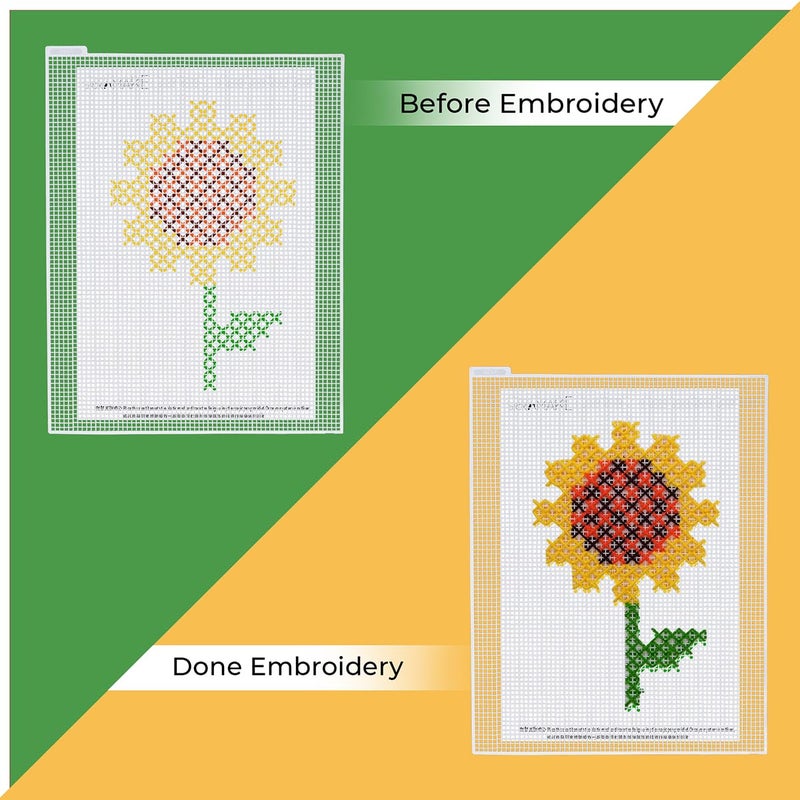 picknMAKE طقم تطريز بالخيوط المتقاطعة للأطفال | طقم تطريز عباد الشمس DIY للمبتدئين | طقم تعلم وهواية DIY | يتضمن شبكة بلاستيكية، إبرة، خيوط صوف، قلم سحري وورقة تصميم - Image 3