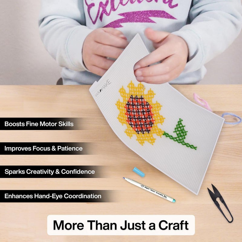 picknMAKE طقم تطريز بالخيوط المتقاطعة للأطفال | طقم تطريز عباد الشمس DIY للمبتدئين | طقم تعلم وهواية DIY | يتضمن شبكة بلاستيكية، إبرة، خيوط صوف، قلم سحري وورقة تصميم - Image 5