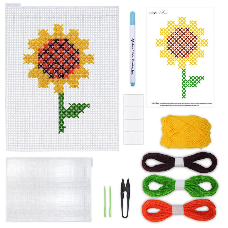 picknMAKE طقم تطريز بالخيوط المتقاطعة للأطفال | طقم تطريز عباد الشمس DIY للمبتدئين | طقم تعلم وهواية DIY | يتضمن شبكة بلاستيكية، إبرة، خيوط صوف، قلم سحري وورقة تصميم - Image 1