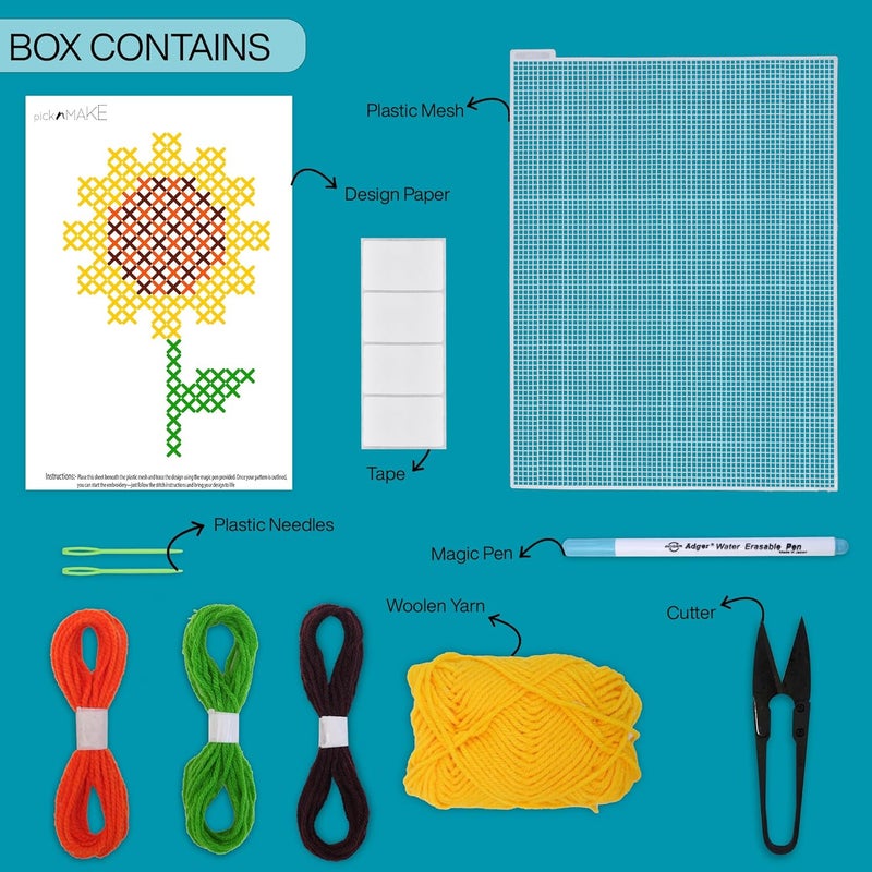 picknMAKE طقم تطريز بالخيوط المتقاطعة للأطفال | طقم تطريز عباد الشمس DIY للمبتدئين | طقم تعلم وهواية DIY | يتضمن شبكة بلاستيكية، إبرة، خيوط صوف، قلم سحري وورقة تصميم - Image 2