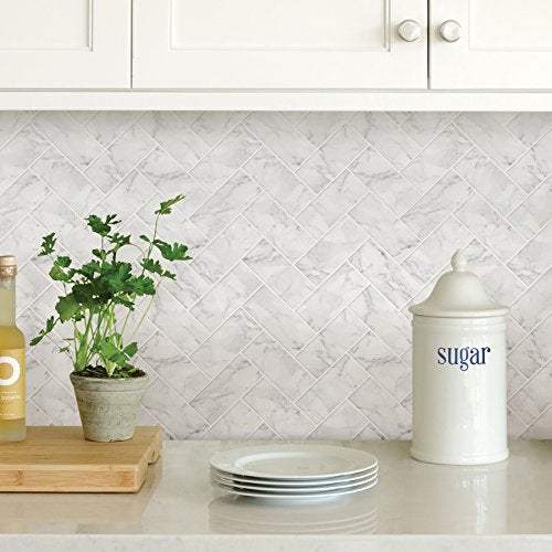 Inhome In Home NH2358 Herringbone Carrara Peel Stick Backsplash Tiles, White & Off-White - Image 2