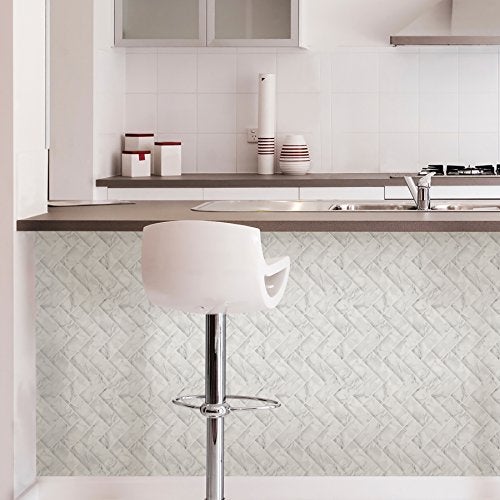 Inhome In Home NH2358 Herringbone Carrara Peel Stick Backsplash Tiles, White & Off-White - Image 4