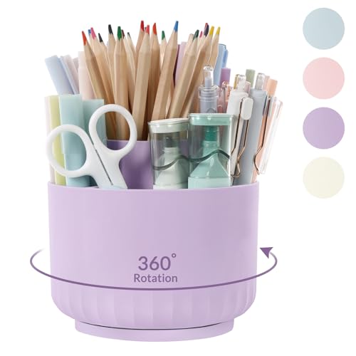 SKYDUE 360 Degree Rotating Desk Organizer, Dual-Purpose Pencil Pen Holder for Desktop, Rotating Desk Pen Organizer with 5 Slots Purple - Image 1