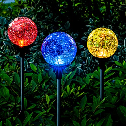 SOLPEX Solar Garden Lights Outdoor 3 Pack, Solar Globe Lights Outdoor Waterproof Decorative for Yard, Multi-Color Changing Garden Spheres Large Waterproof, Cracked Glass Ball LED Lights - Image 1