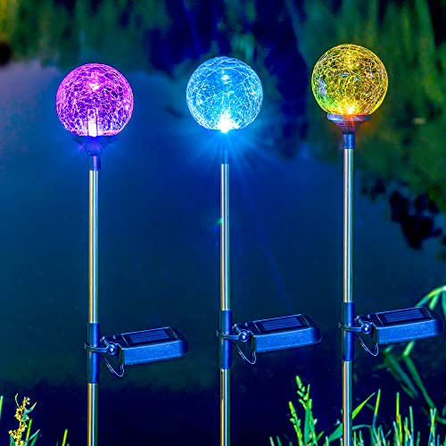 SOLPEX Solar Garden Lights Outdoor 3 Pack, Solar Globe Lights Outdoor Waterproof Decorative for Yard, Multi-Color Changing Garden Spheres Large Waterproof, Cracked Glass Ball LED Lights - Image 4